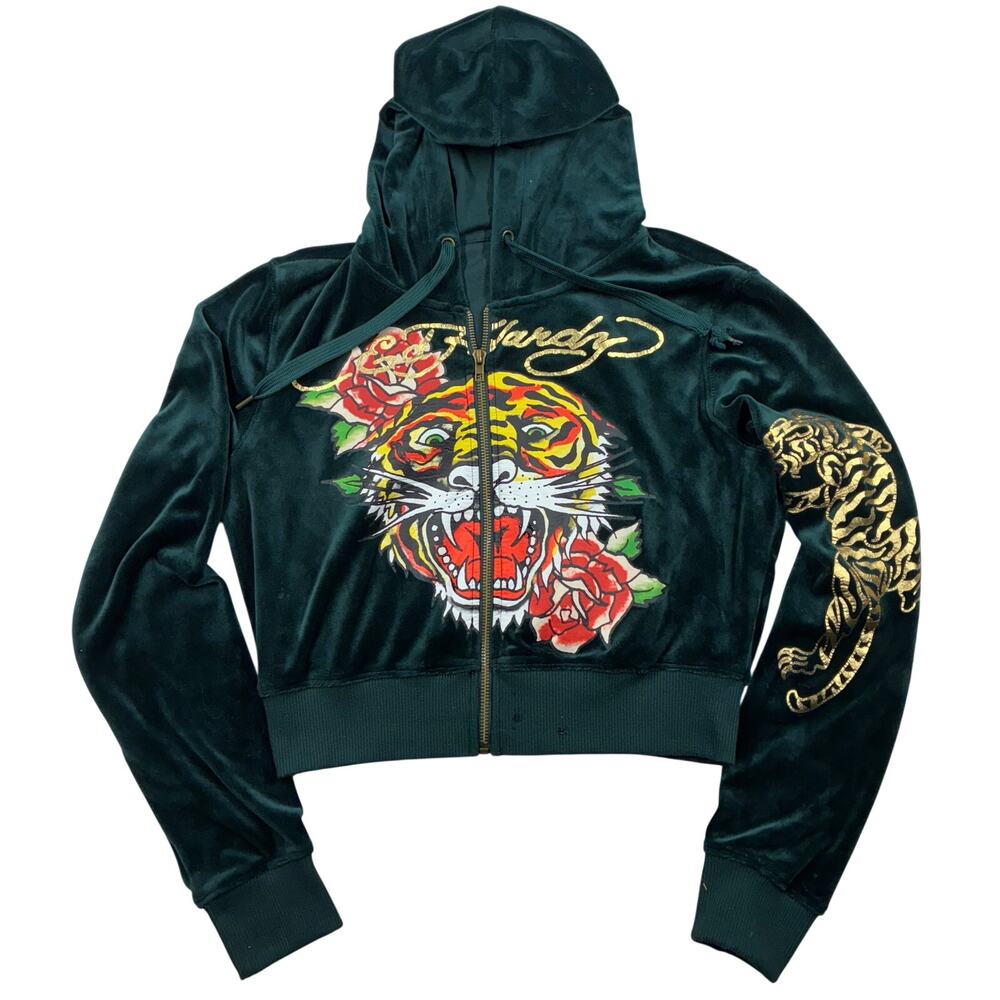 Ed Hardy Cropped Hoodie Womens Large Green Retro Tiger Velour Zip Up Tattoo Art